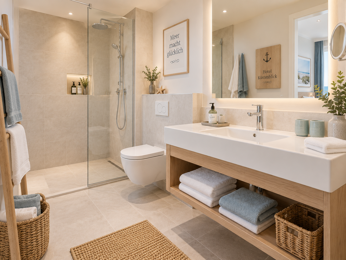 Modernes Badezimmer mit Dusche und WC im Hotel Küstenblick