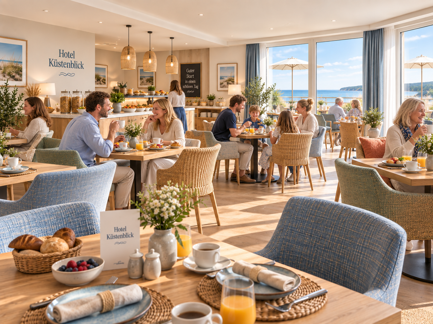 Frühstückssaal im Hotel Küstenblick mit zufriedenen Gästen